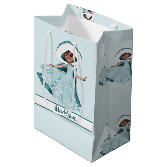 Sac Cadeau Moyen Noël Princesse Cheveux foncé Snowflakes hiver (Devant Angle)