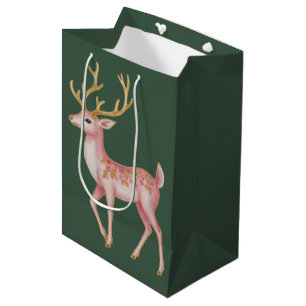 Sac Cadeau Moyen Noël rose floral renne bois vintage 