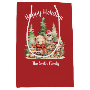 SAC CADEAU MOYEN NOËL RUSTIQUE ANIMAUX EN BOIS