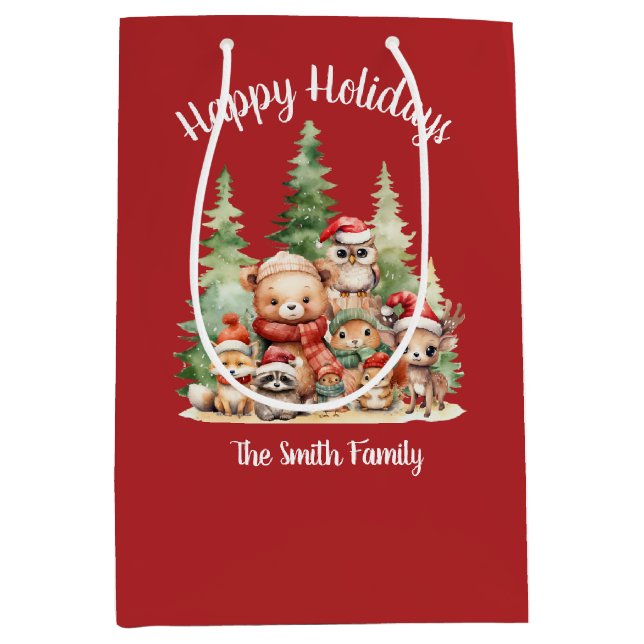 SAC CADEAU MOYEN NOËL RUSTIQUE ANIMAUX EN BOIS (Devant)