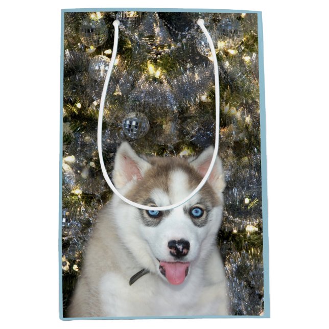 Sac Cadeau Moyen Noël Sibérien Husky aux yeux bleus (Devant)