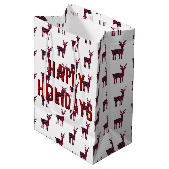 Sac Cadeau Moyen Noël Tartan Plaid Deer (Devant Angle)