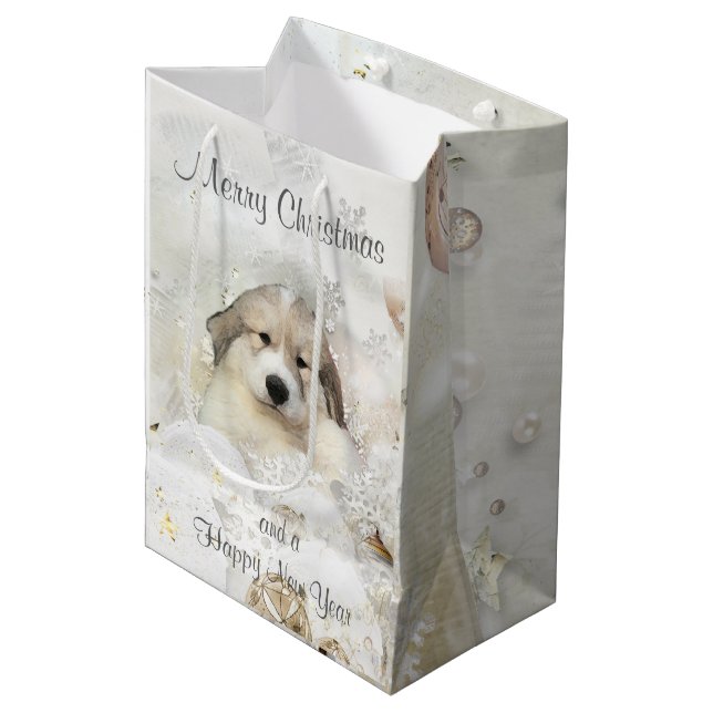 Sac Cadeau Moyen Noël Vacances Great Pyrenees Pup Aquarelle (Devant Angle)