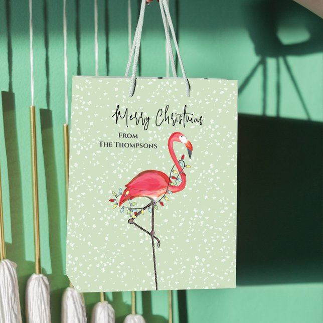 Sac Cadeau Moyen Noël Vacances Vert rose Flamant rose neige (Merry Christmas holiday gift bag with pink flamingo)