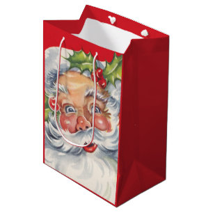 Sac Cadeau Moyen Noël vintage, joyeux Père Noël avec son chapeau