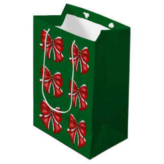 Sac Cadeau Moyen Nœuds de Noël rouges élégants sur fond vert foncé