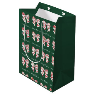Sac Cadeau Moyen Nœuds de Noël rouges et blancs classiques sur fond