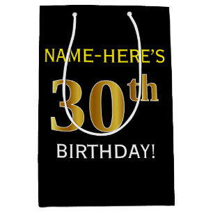 Sac Cadeau Moyen Noir, anniversaire d'or de Faux 30ème + Nom fait