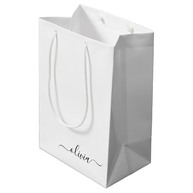 Sac Cadeau Moyen Noir Blanc moderne Script Girl Monogramme Nom (Dos Angle)
