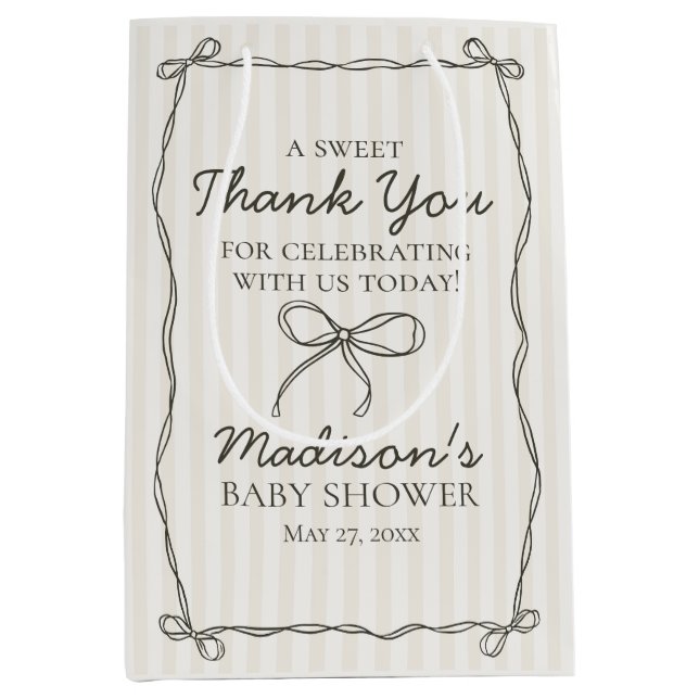 Sac Cadeau Moyen Noir Coquette Bow Beige Baby shower rayé Favoriser (Devant)