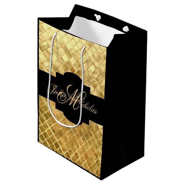 Sac Cadeau Moyen Noir de monogramme et anniversaire d'or (Devant Angle)
