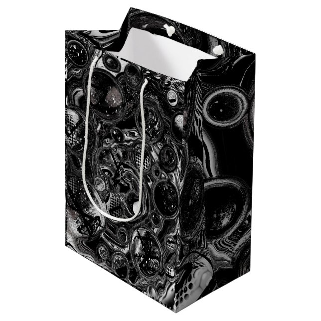 Sac Cadeau Moyen Noir et blanc Fluid Art moderne Abstrait (Devant Angle)