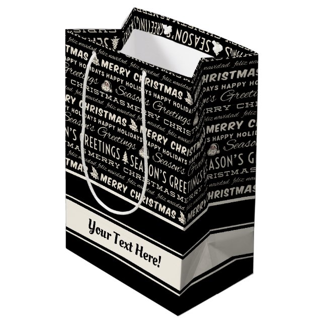 Sac Cadeau Moyen Noir et blanc Joyeux Noël Typographie rétro (Dos Angle)