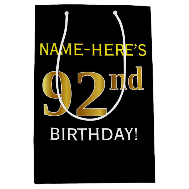 Sac Cadeau Moyen Noir, Faux Gold 92e anniversaire + Nom personnalis (Devant)