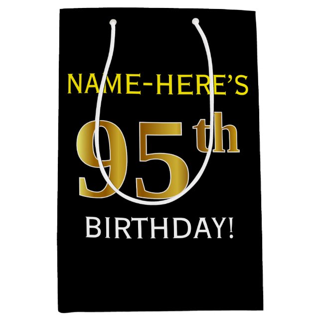 Sac Cadeau Moyen Noir, Faux Gold 95e anniversaire + Nom personnalis (Devant)
