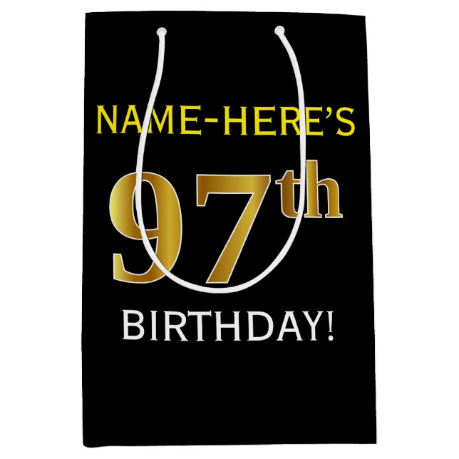 Sac Cadeau Moyen Noir, Faux Gold 97e anniversaire + Nom personnalis (Devant)
