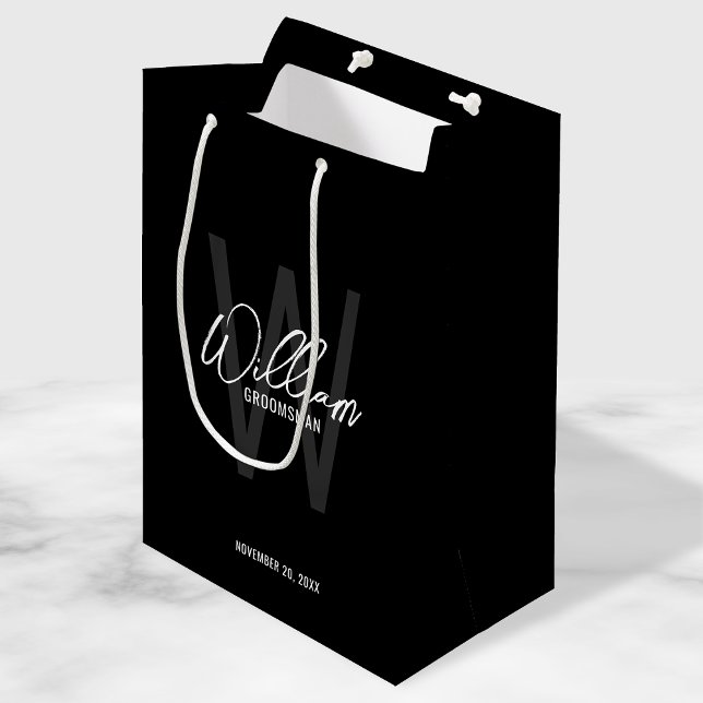 Sac Cadeau Moyen Noir Script moderne Groomsmen personnalisé (Créateur téléchargé)
