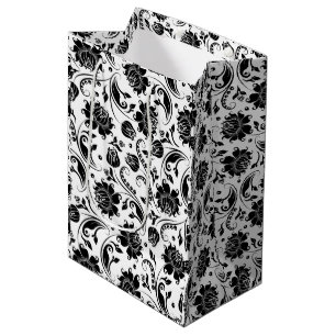 Sac Cadeau Moyen Noir sur blanc Vintage Damas florales