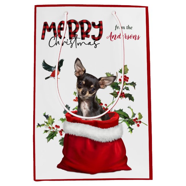 Sac Cadeau Moyen Noir Tan Chihuahua Chien Noël (Devant)