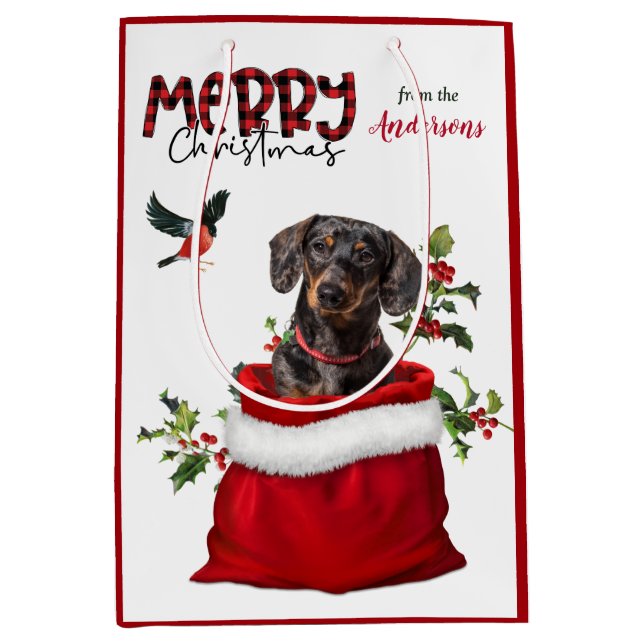 Sac Cadeau Moyen Noir Tan Dachshund Chien Noël (Devant)