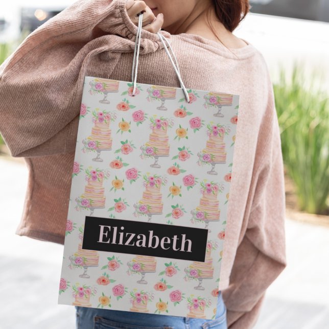 Sac Cadeau Moyen Nom Aquarelle Couche Gâteau Avec Motif Rose (Créateur téléchargé)