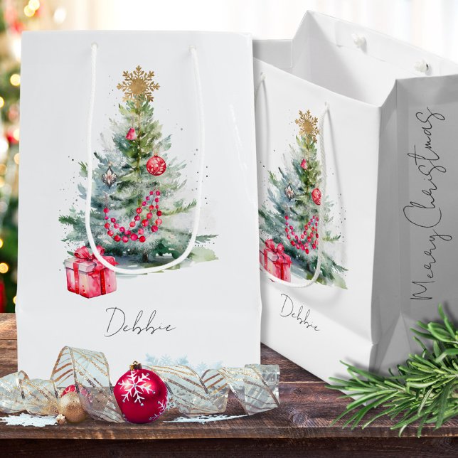 Sac Cadeau Moyen Nom Aquarelle Moderne Élégant Arbre de Noël (Créateur téléchargé)