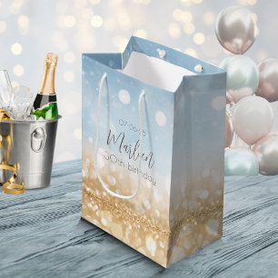 Sac Cadeau Moyen Nom bleu anniversaire or scintillant