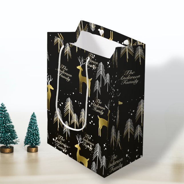 Sac Cadeau Moyen Nom de famille personnalisé Noir Reinder Or Noël (Créateur téléchargé)
