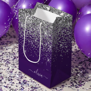 Sac Cadeau Moyen Nom de monogramme girly paillettes violet argent