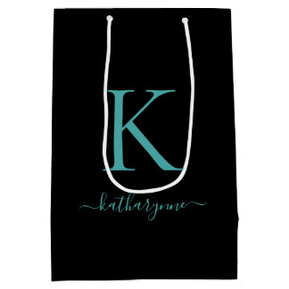 Sac Cadeau Moyen Nom de monogramme noir et Turquoise élégant