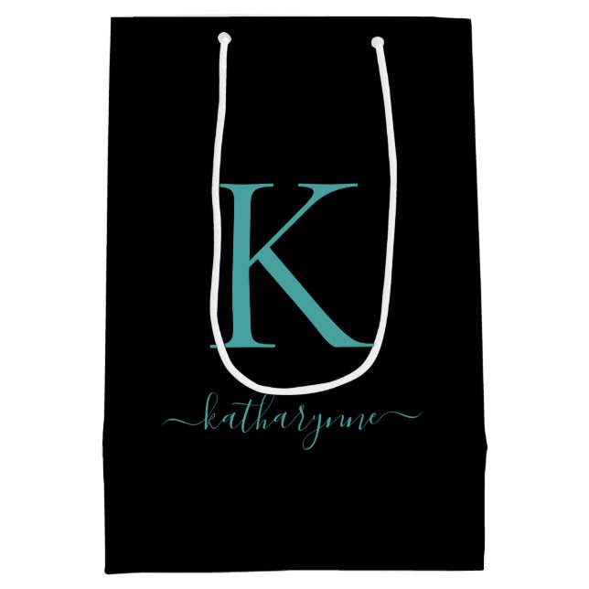 Sac Cadeau Moyen Nom de monogramme noir et Turquoise élégant (Dos)
