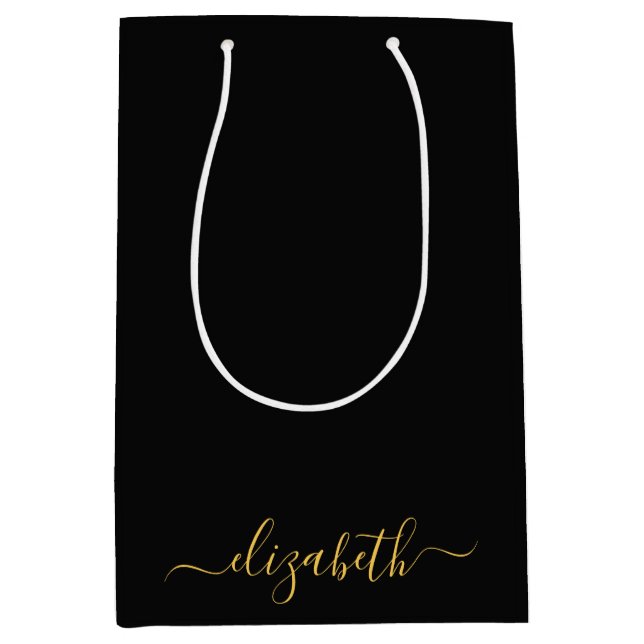 Sac Cadeau Moyen Nom de script de monogramme en or noir moderne (Devant)
