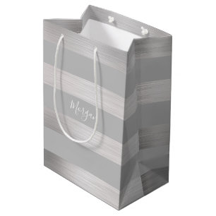 Sac Cadeau Moyen Nom DIY Blanc ou Nom d'entreprise, Rayures Argent/