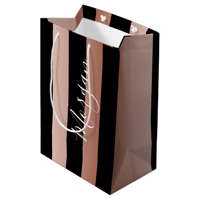 Sac Cadeau Moyen Nom DIY Blanc, Rayures Rose Gold et Noir Verticale (Dos Angle)