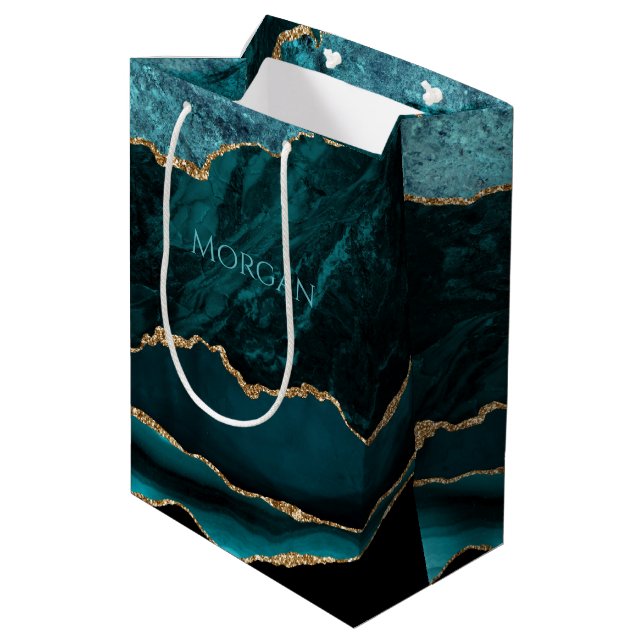 Sac Cadeau Moyen Nom DIY Teal, Agate sarcelle, or et noir (Dos Angle)