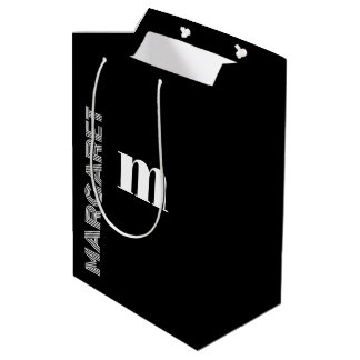 Sac Cadeau Moyen Nom initial personnalisé noir & blanc élégant