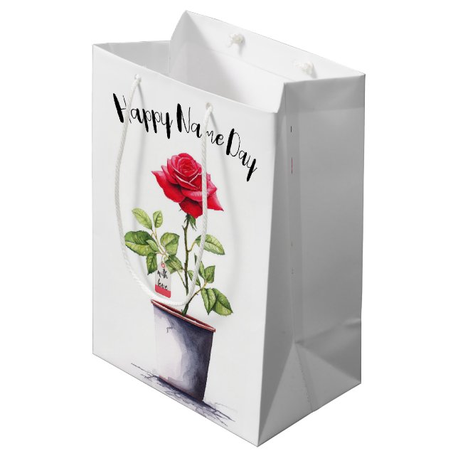 Sac Cadeau Moyen Nom Jour Aquarelle Rouge Rose Bush (Devant Angle)