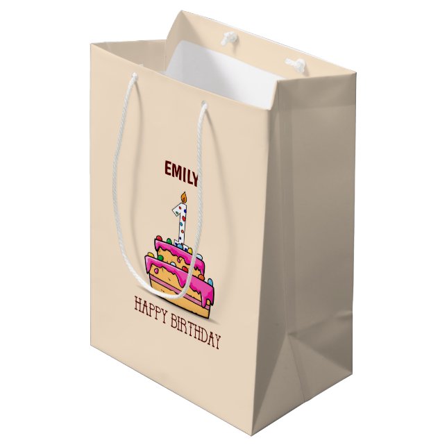 Sac Cadeau Moyen Nom personnalisé, 1er anniversaire, gâteau rose do (Devant Angle)