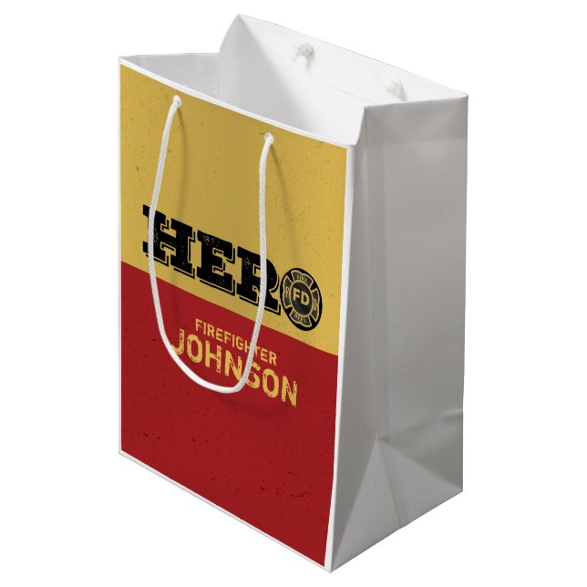 Sac Cadeau Moyen Nom personnalisé, héros du pompier (Devant Angle)