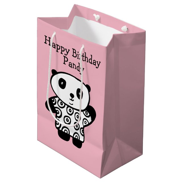 Sac Cadeau Moyen Nom personnalisé Panda Pink Joyeux anniversaire (Devant Angle)