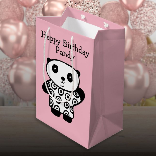 Sac Cadeau Moyen Nom personnalisé Panda Pink Joyeux anniversaire (Personalized Name Panda Pink Happy Birthday Medium Gift Bag)