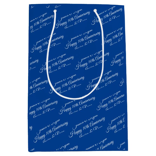 Sac Cadeau Moyen Noms, Année Anniversaire, Script blanc, Bleu profo (Devant)