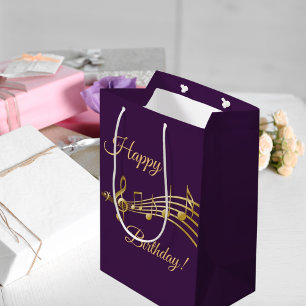 Sac Cadeau Moyen Notes de musique dorée violette d'anniversaire