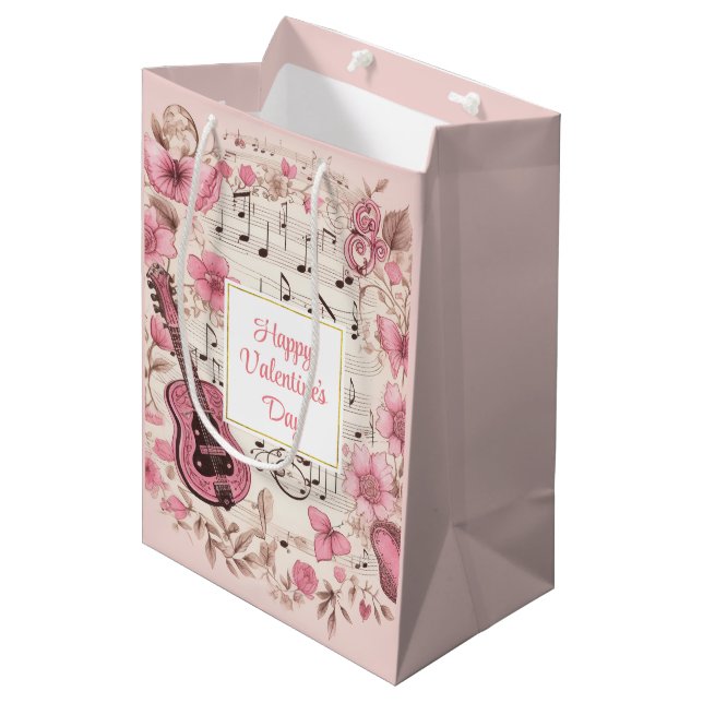 Sac Cadeau Moyen Notes musicales et fleurs Élégante Saint-Valentin (Devant Angle)
