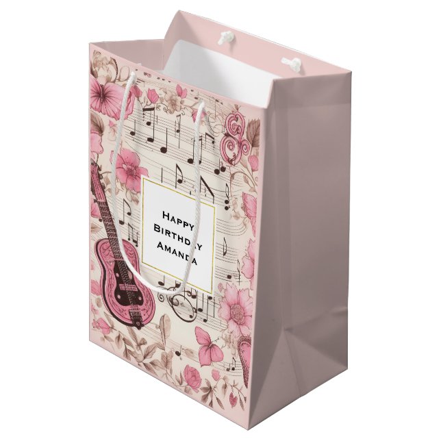 Sac Cadeau Moyen Notes musicales et fleurs Style rétro Anniversaire (Devant Angle)