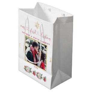 Sac Cadeau Moyen Notre premier Mariage photo floral de Noël