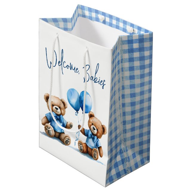 Sac Cadeau Moyen Nouveaux Nounours Twin Boy Avec Ballons Bleus (Devant Angle)