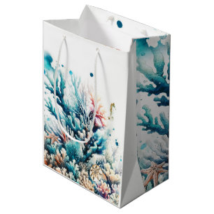 Sac Cadeau Moyen Océan Splash Corail de Mer Aquarelle Douce 16