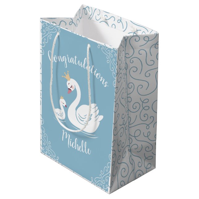 Sac Cadeau Moyen Oiseau Baby shower cygne avec thème Couronne Bleu (Dos Angle)