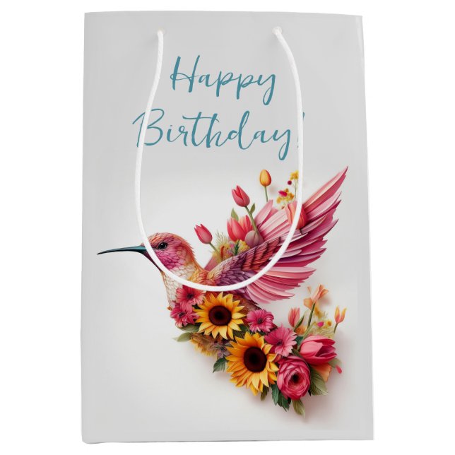 Sac Cadeau Moyen Oiseau de mer avec des fleurs Joyeux anniversaire (Devant)